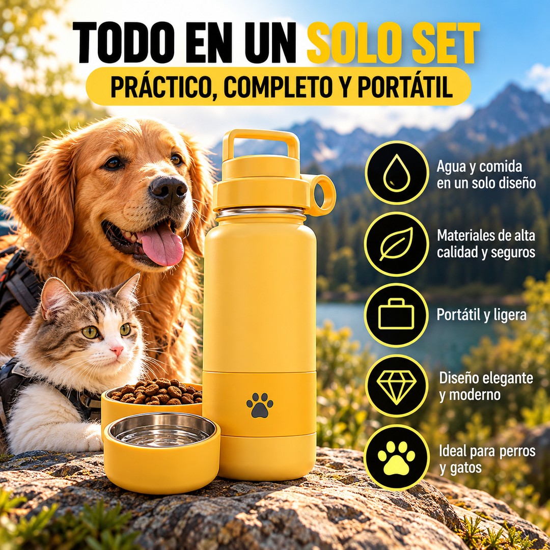 Botella con Tazones para Agua y Comida de Mascotas