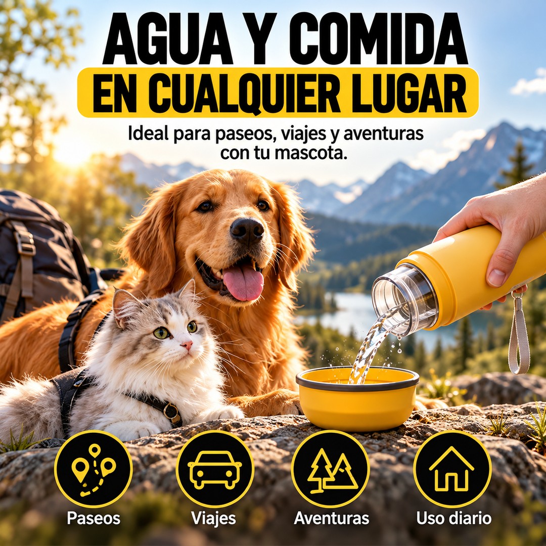 Botella con Tazones para Agua y Comida de Mascotas