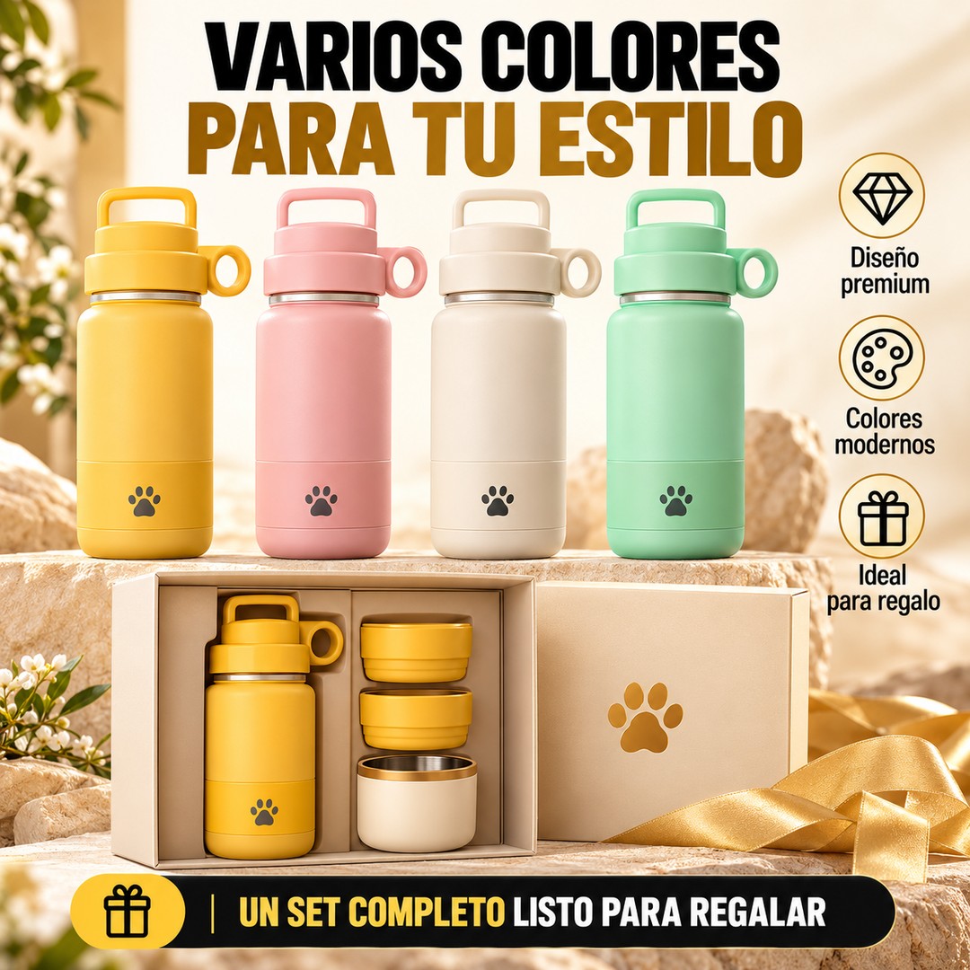Botella con Tazones para Agua y Comida de Mascotas
