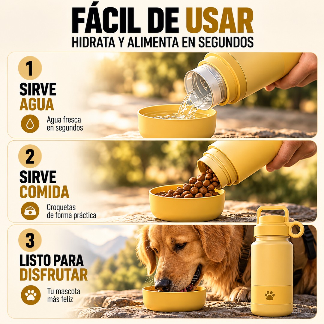 Botella con Tazones para Agua y Comida de Mascotas