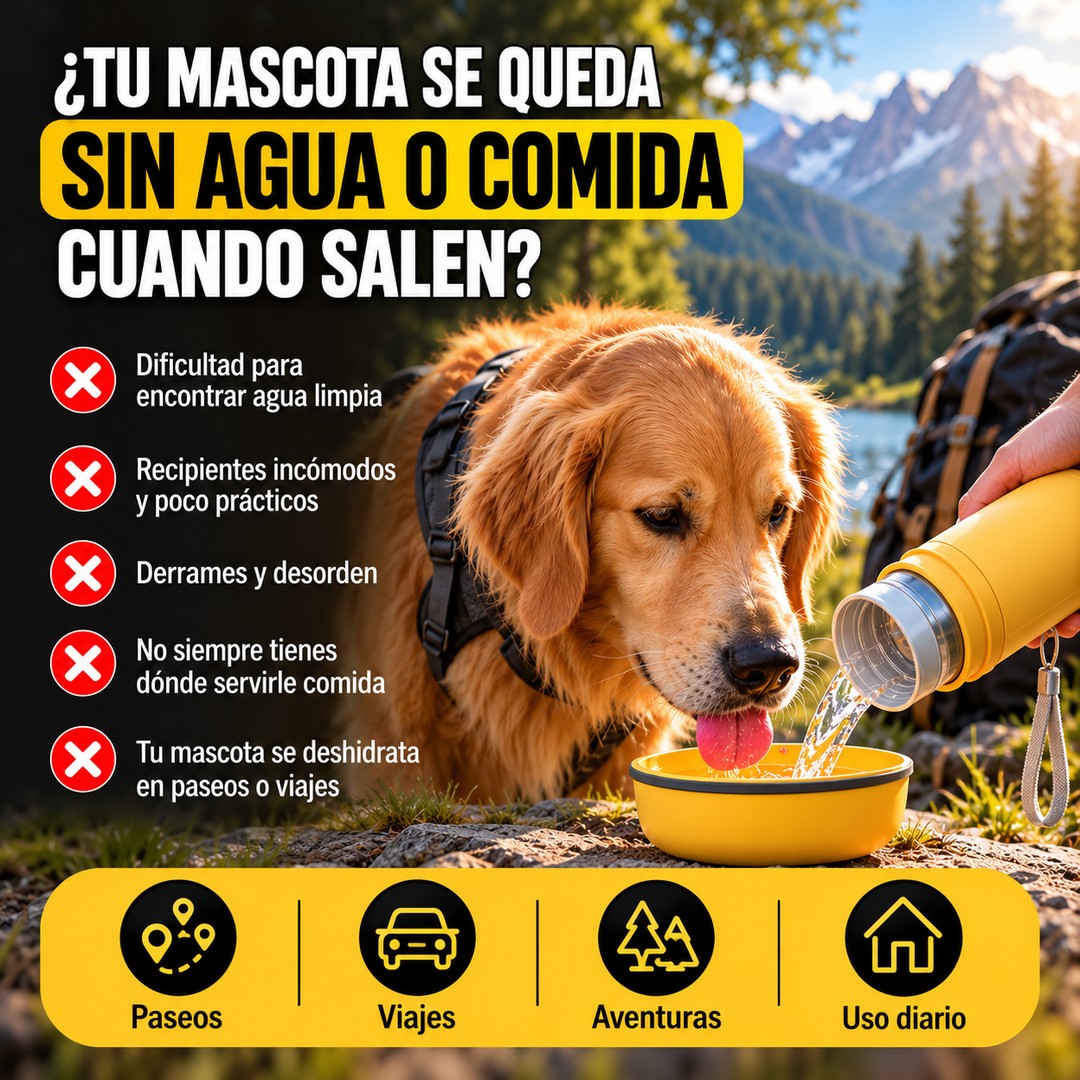 Botella con Tazones para Agua y Comida de Mascotas