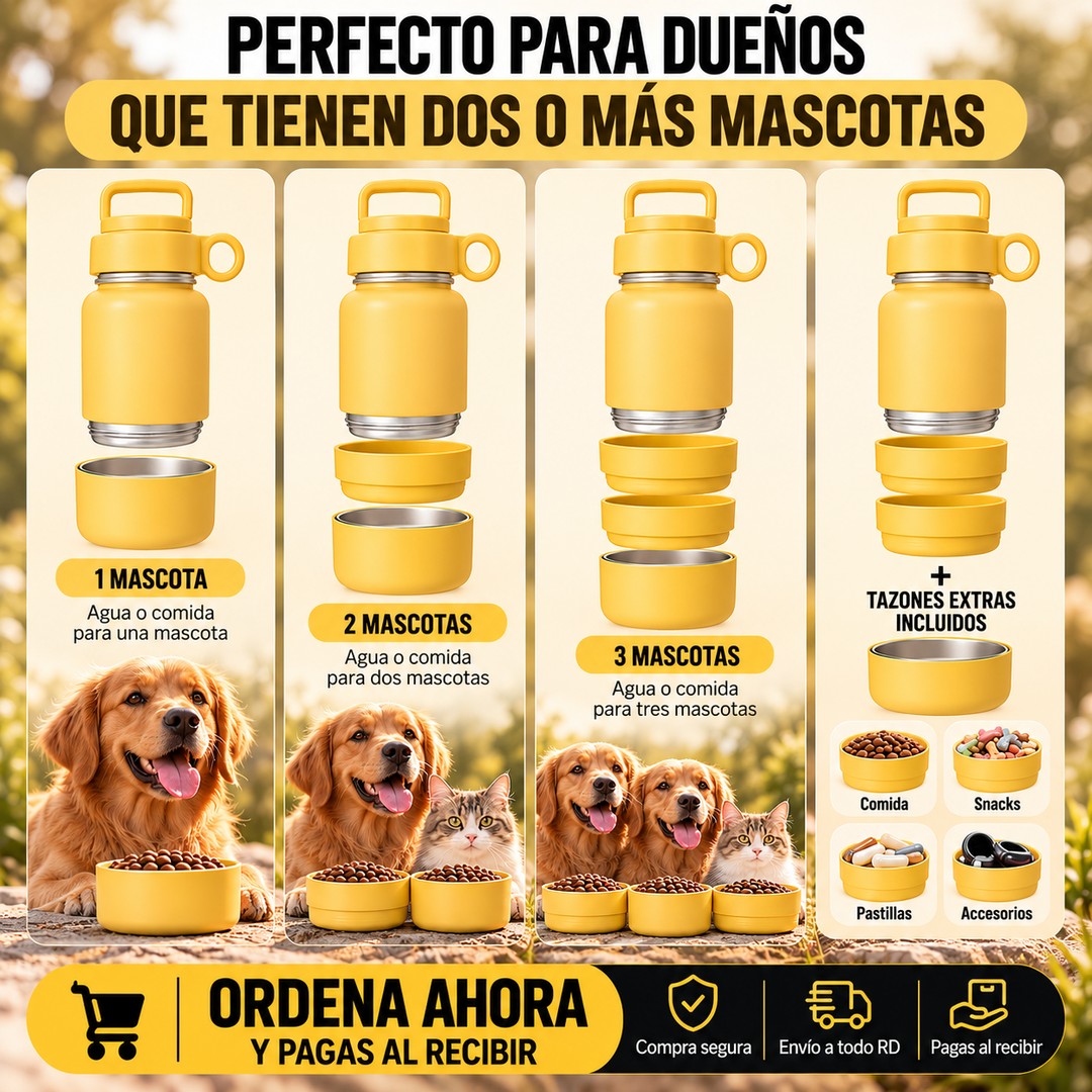 Botella con Tazones para Agua y Comida de Mascotas